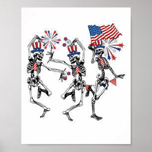 Affiche Drôle 4 juillet Danser Squelette Retro Patriotique