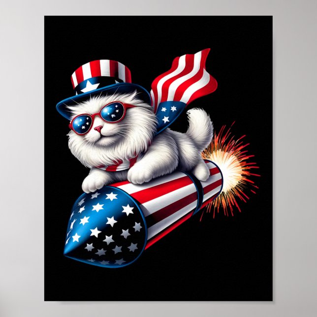 Affiche Drôle 4 juillet Patriotic Cat Rocket avec Firewo (Devant)