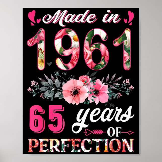 Affiche Drôle 65 Ans Faits En 1961 Floral 65e Anniversaire (Devant)