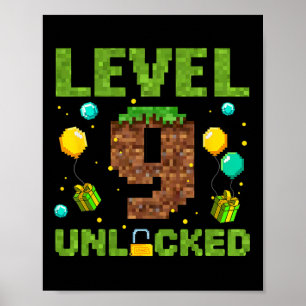 Affiche Drôle 9e anniversaire garçon gamer niveau 9 débloq