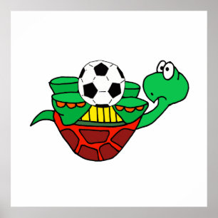 Affiche Drôle à l'envers de la tortue avec balle de footba