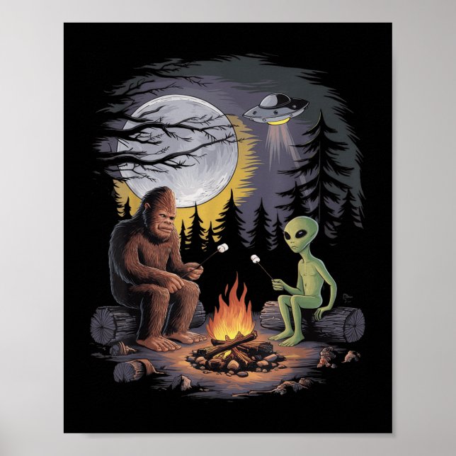 Affiche Drôle Alien Et Bigfoot Randonnée Lune Sasquatch Uf (Devant)