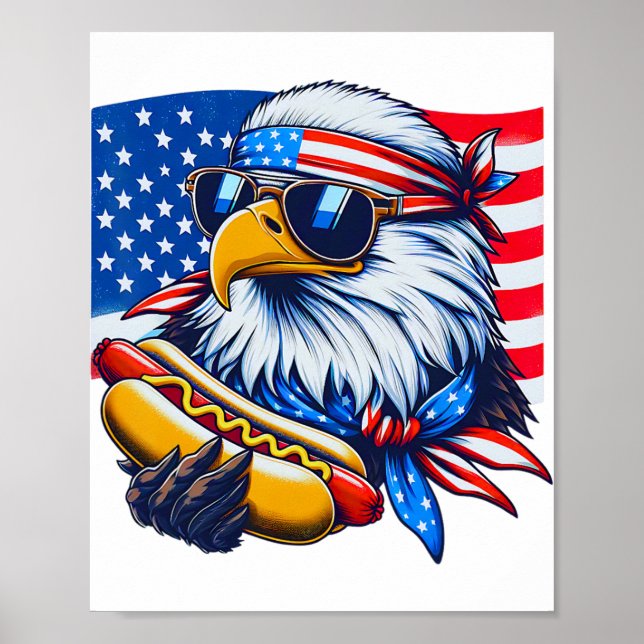 Affiche Drôle Amusant Bald Eagle Hotdog 4 juillet drapeau  (Devant)