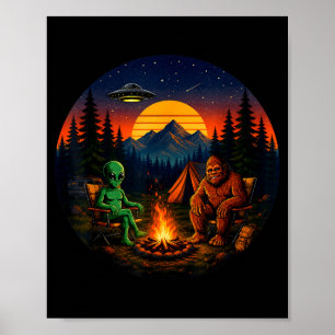 Affiche Drôle bigfoot alien camping rétro ovni feu de camp