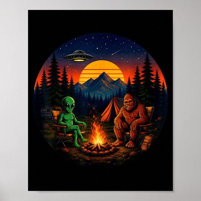 Affiche Drôle bigfoot alien camping rétro ovni feu de camp (Devant)