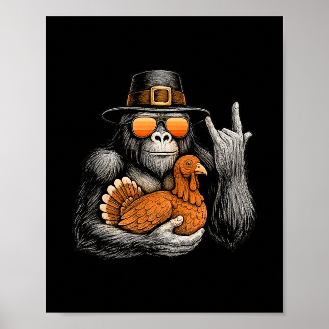 Affiche Drôle Bigfoot Rock On Dinde Vintage Thanksgiving  (Devant)