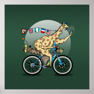 Affiche Drôle bikepacking Giraffe dessin animé