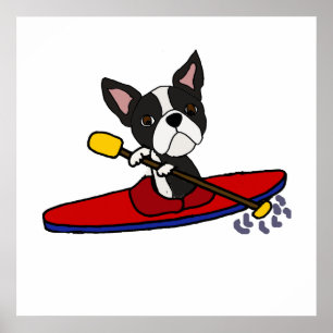 Affiche Drôle Boston Terrier Chien Kayaking Cartoon