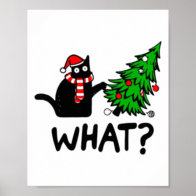 Affiche Drôle cadeau de chat noir Poussant l'arbre de Noël (Devant)