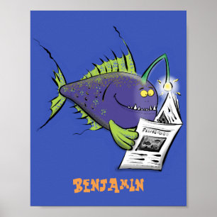 Affiche Drôle caricature de poisson de pêcheur