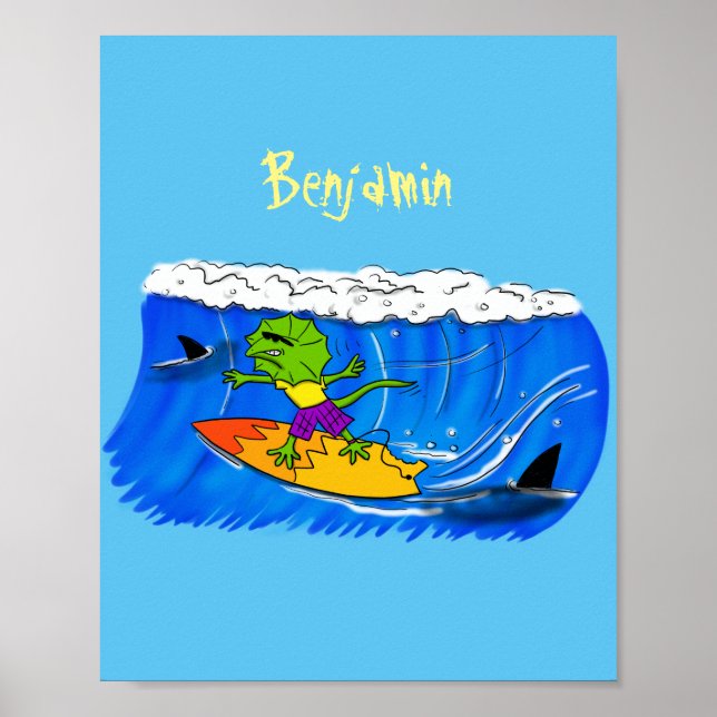 Affiche Drôle caricature de surf de lézard au cou (Devant)