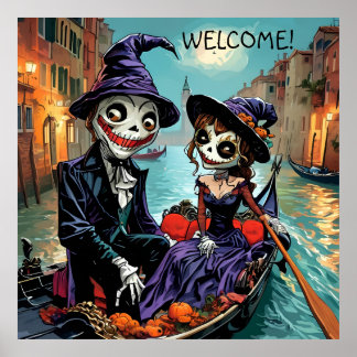 Affiche Drôle Caricature Fancy Dress squelettes sur gondol