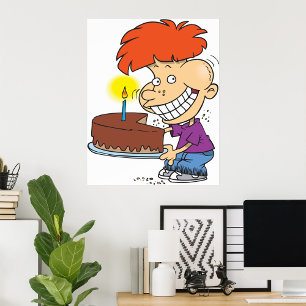 Affiche Drôle caricaturiste avec gâteau d'anniversaire au 