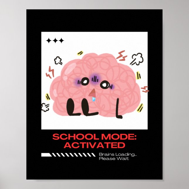 Affiche Drôle Cartoon Cerveau - Mode École Activé (Devant)