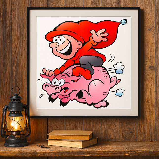 Affiche Drôle Cartoon Gnome équitation Flying Pig (Créateur téléchargé)