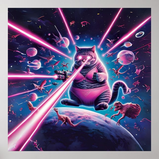 Affiche Drôle chat géant et dinosaures dans l'espace (Devant)