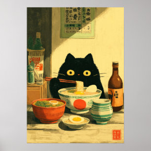 Affiche Drôle chat noir manger Ramen