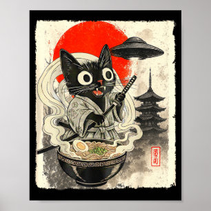 Affiche Drôle Chat Noir Ramen Alien Ufo Enlèvement Japonai