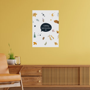 Affiche Drôle chats de dessin animé avec balais, citrouill