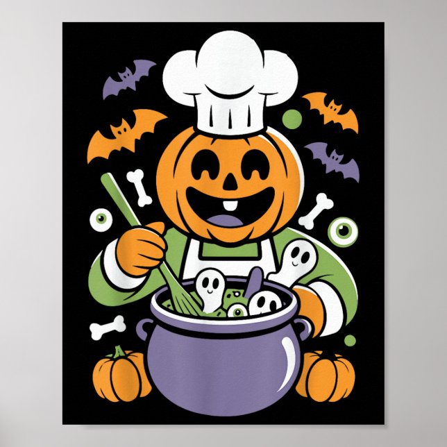 Affiche Drôle Chef Citrouille Cuisine Halloween Cauldron D (Devant)