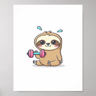 Affiche Drôle Chibi Sloth Workout Cute Kawaii Gym Cartoon