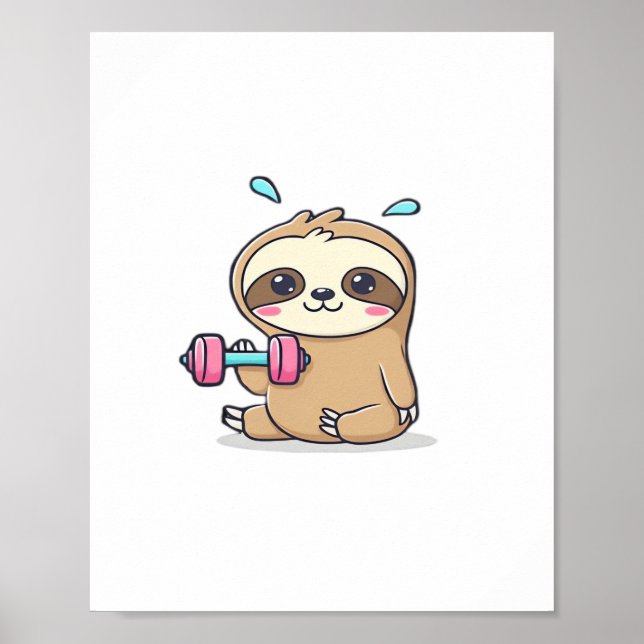 Affiche Drôle Chibi Sloth Workout Cute Kawaii Gym Cartoon (Devant)