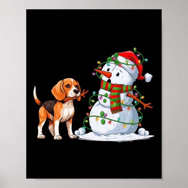 Affiche Drôle chien Beagle Snowman feux de Noël Xma (Devant)