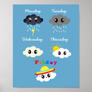 Affiche Drôle coloré Kawaii Cartoon Cloud TGIF Kid's