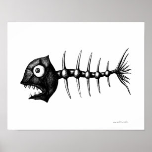 Affiche Drôle cool poisson squelette encre dessin art