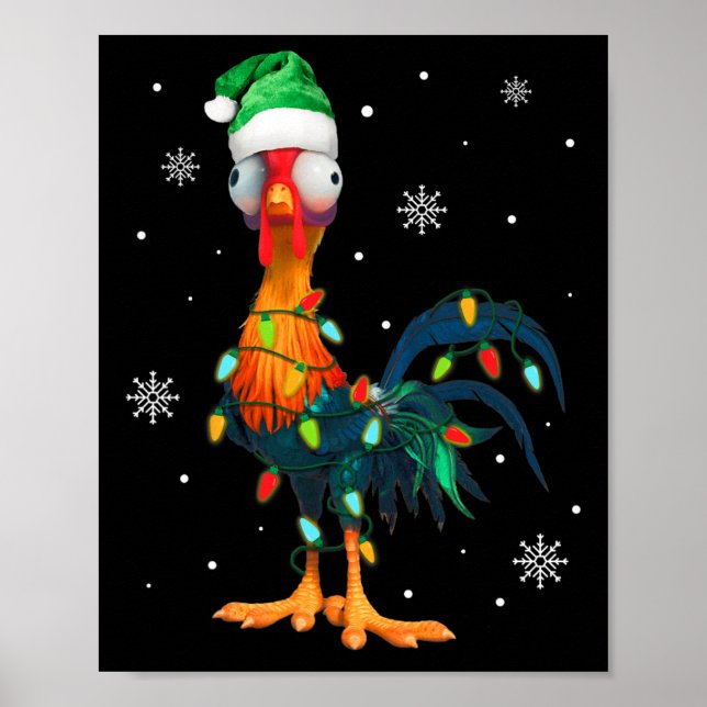 Affiche Drôle Coq De Noël Enveloppé Dans La Lumière De Noë (Devant)