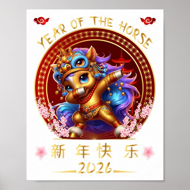 Affiche Drôle Dabbing Cheval Chinois Zodiaque Année De L'H (Devant)