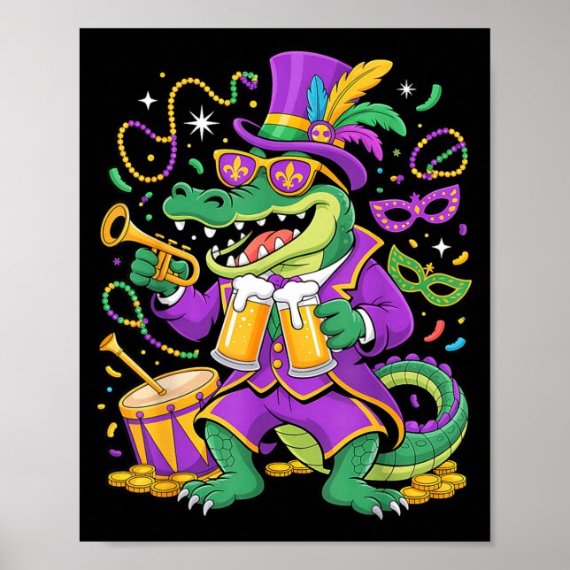 Affiche Drôle d'alligator de Mardi Gras buvant des perles  (Devant)