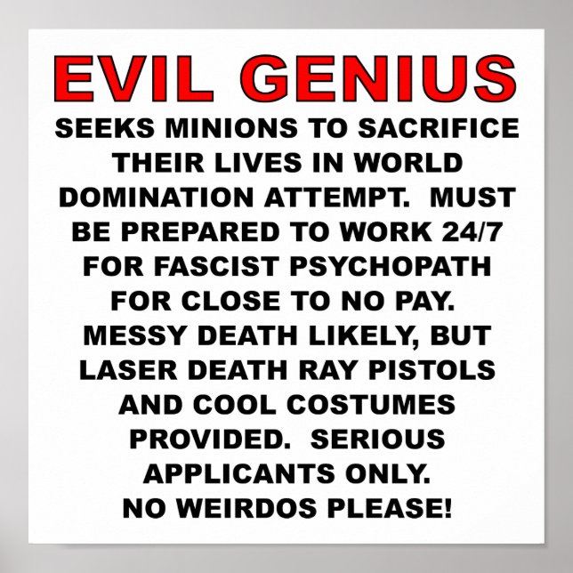 Affiche drôle d'annonce pour un méchant (Devant)