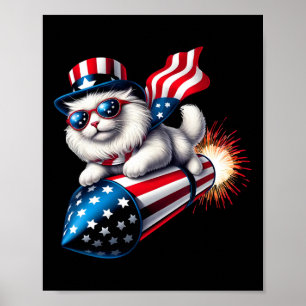 Affiche Drôle de 4 juillet Patriotique Chat Fusée Avec Feu