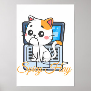 Affiche Drôle de chat mordant le cordon de foin épicé Art
