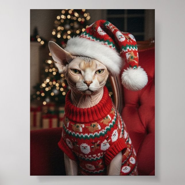 Affiche Drôle de chat Sphynx Santa Noël en pull (Devant)