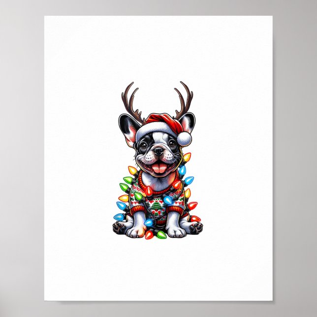 Affiche Drôle de chien bouledogue français Noël lumière ch (Devant)
