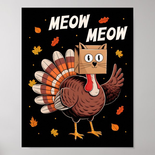 Affiche Drôle de dîner de Thanksgiving Dinde Chat Miaou Th (Devant)