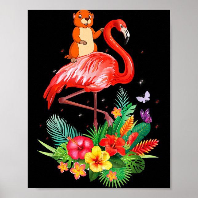 Affiche Drôle de marmotte à cheval sur un flamant Fleurs F (Devant)