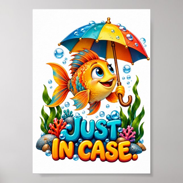 Affiche Drôle de poisson avec parapluie (Devant)