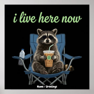Affiche Drôle de Raton Laveur Café Glacé J'habite Ici Main