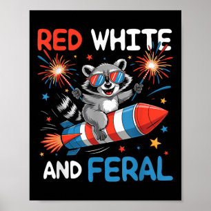 Affiche Drôle de Raton Laveur Sauvage Rouge Blanc 4 Juille