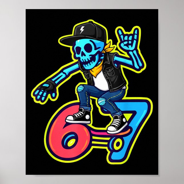 Affiche Drôle de squelette skater 67 Mème Rétro skateboard (Devant)