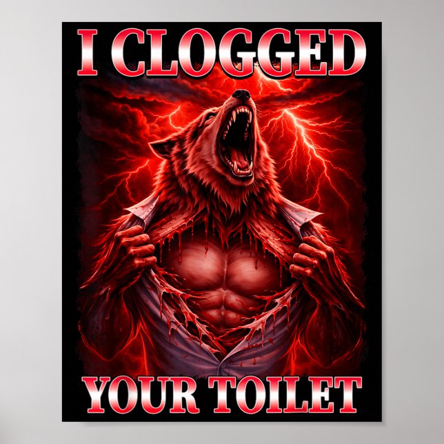 Affiche Drôle de toilette bouchée alpha wolf meme brainrot (Devant)