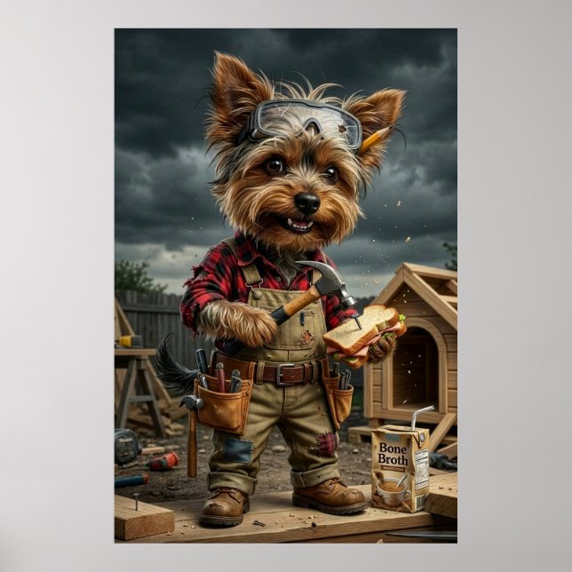 Affiche drôle de Yorkie ouvrier de construction –  (Devant)
