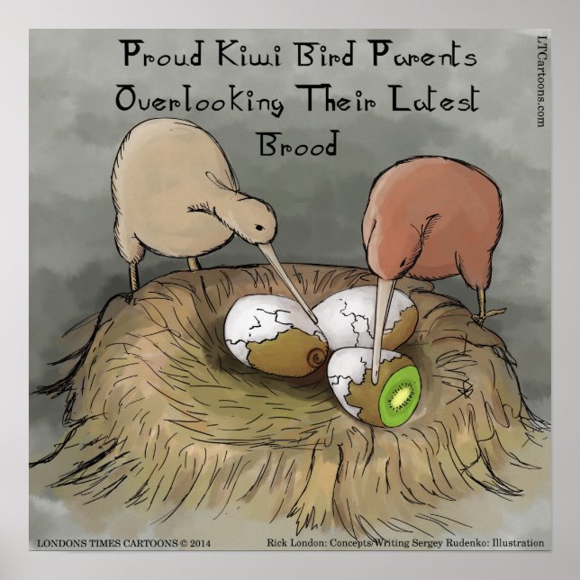 Affiche drôle d'oiseaux Kiwi prenant soin de leur  (Devant)