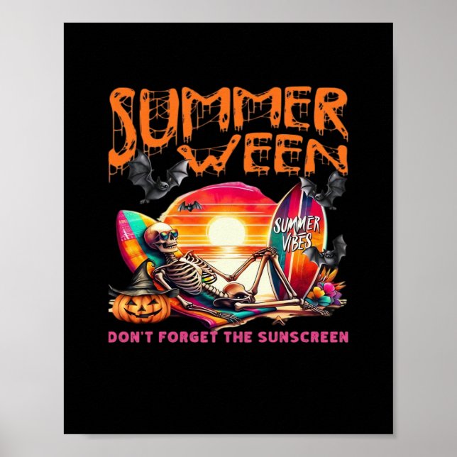 Affiche Drôle Été Skeleton Sur Plage Au Coucher Du Soleil (Devant)
