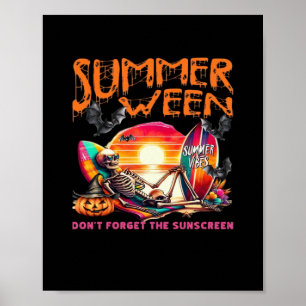 Affiche Drôle Été Skeleton Sur Plage Au Coucher Du Soleil