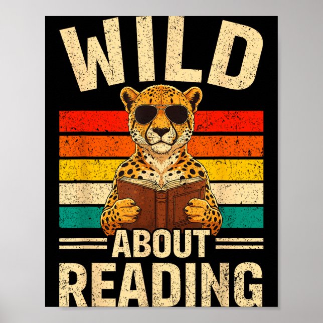 Affiche Drôle fou de lecture guépard rétro garçons livre (Devant)