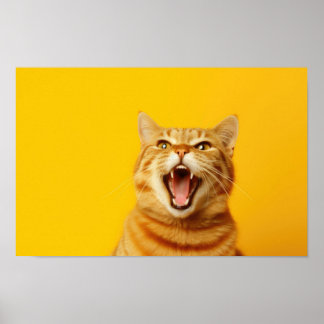 Affiche Drôle Ginger Cat Yawning sur Bright Yellow Backgro